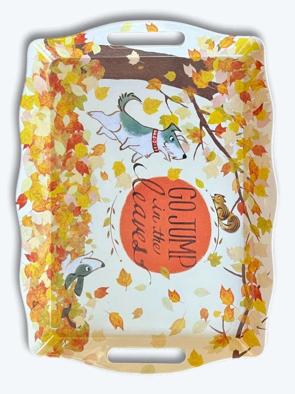 Pier 1 Go Jump In Leaves Fall Melamine Handled Serving Tray Platter Dogs Autumn